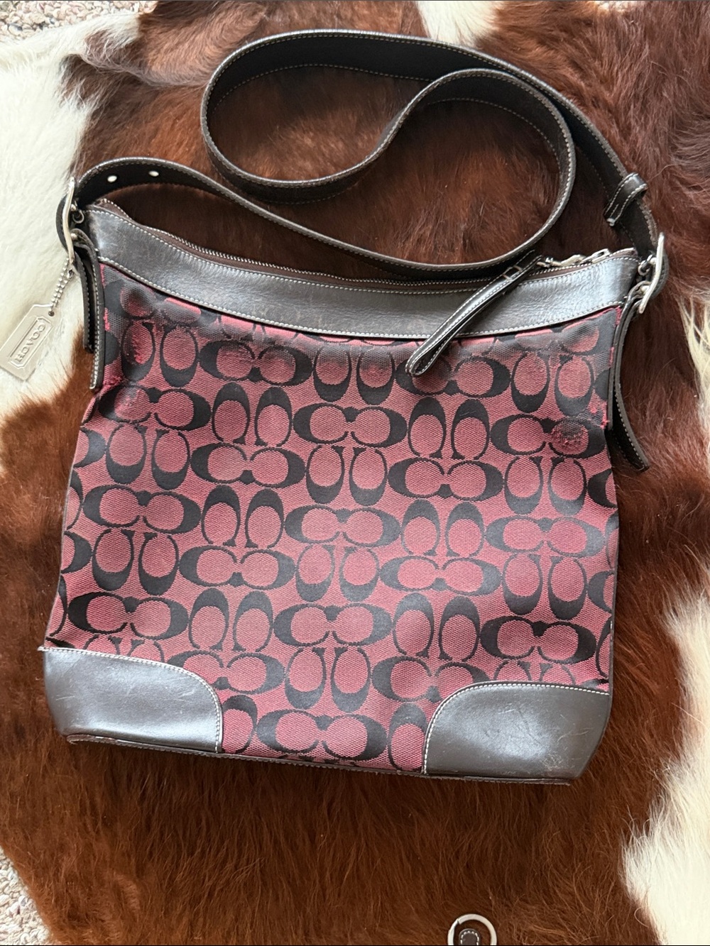 Coach Burgundy and Mocha Brown Signature Crossbody Shoulder Bag